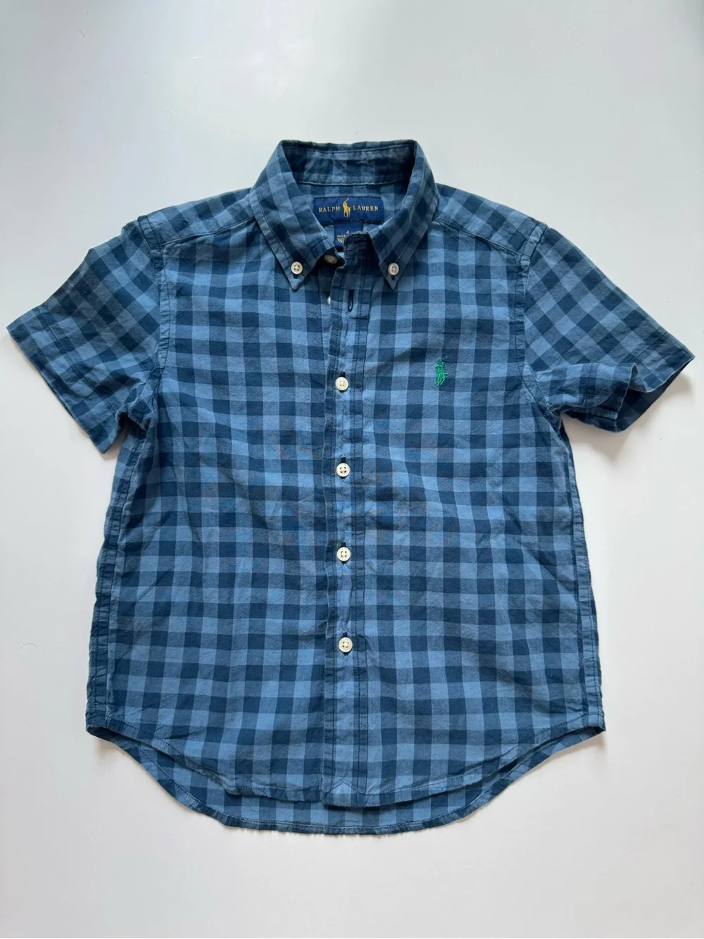 Ralph Lauren Boys Blue Gingham Short Sleeve Button Down Shirt Size 4